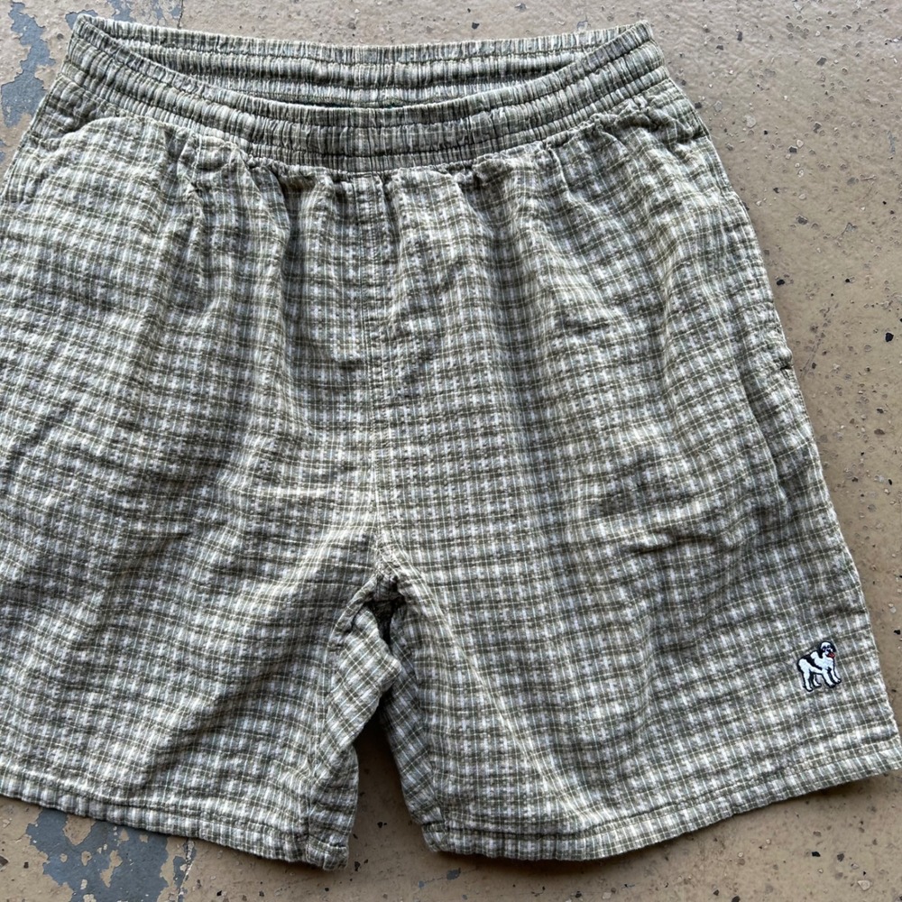 Big Dogs Mens Plaid Shorts Olive Green White Elastic Waist Cotton Medium